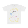 White short-sleeve T-Shirt with colourful Rosalia Lux design printed across the front