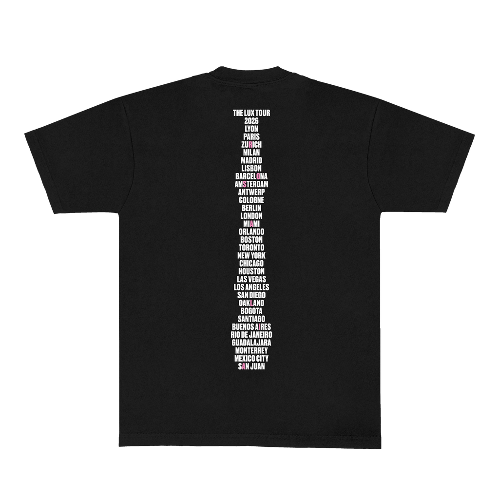 Back of a black short-sleeve t-shirt featuring a white LUX print and 2026 tour dates.