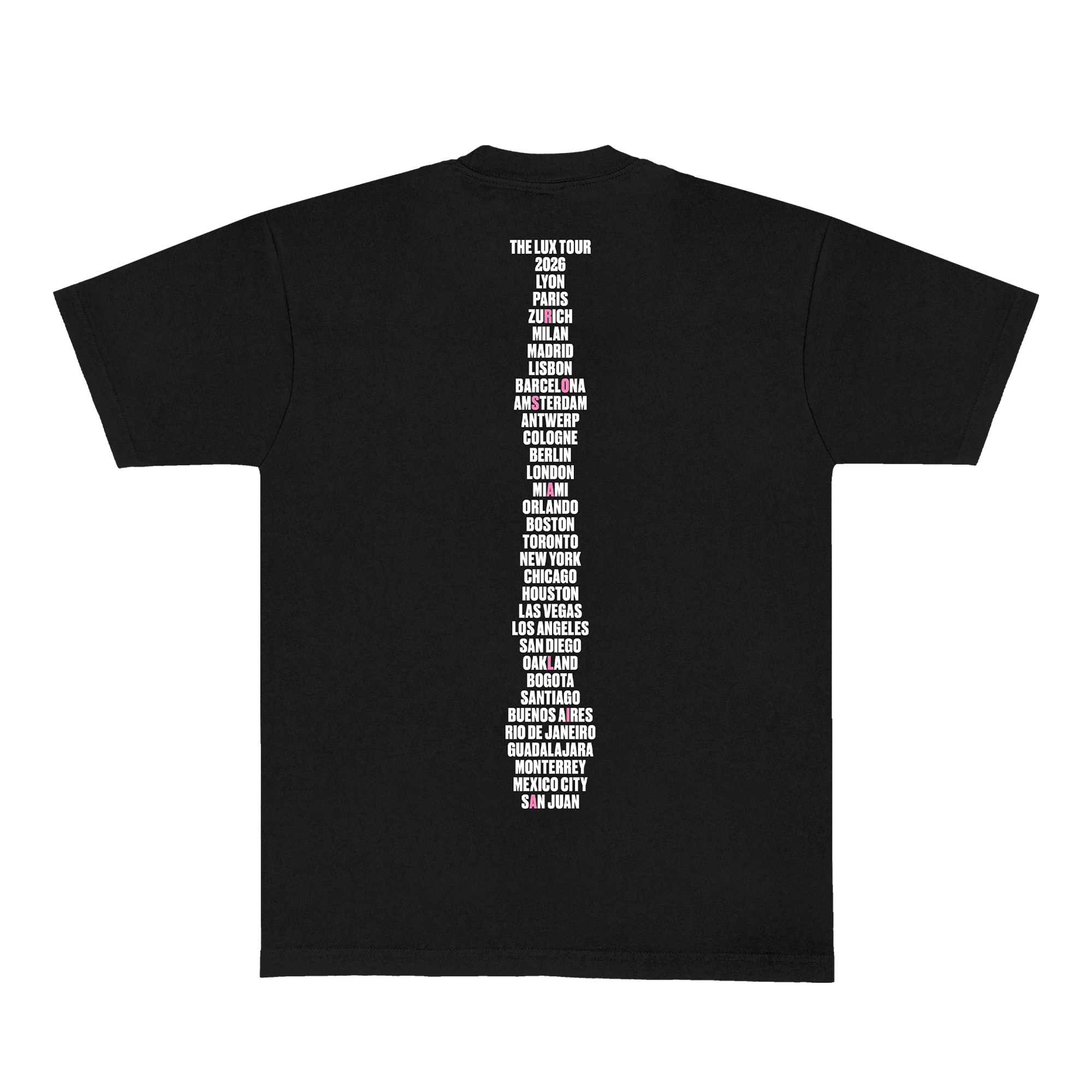 Back of a black short-sleeve t-shirt featuring a white LUX print and 2026 tour dates.