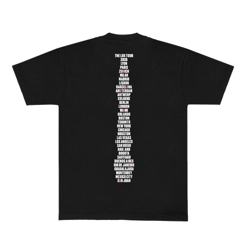 Back of a black short-sleeve t-shirt featuring a white LUX print and 2026 tour dates.