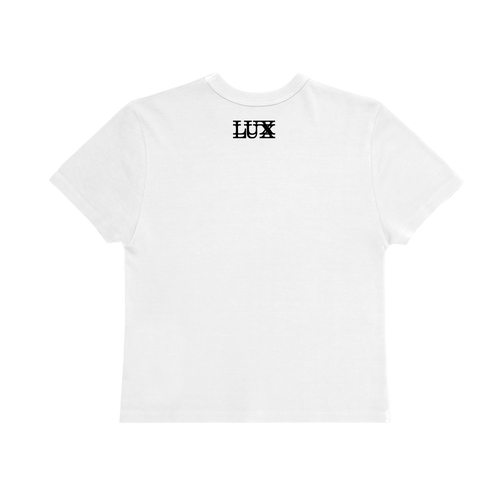 Back view of a white short-sleeve baby tee with “LUX” printed in black at the upper neck.