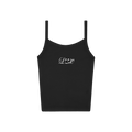 Black tank top with white “LUX” text across the front.