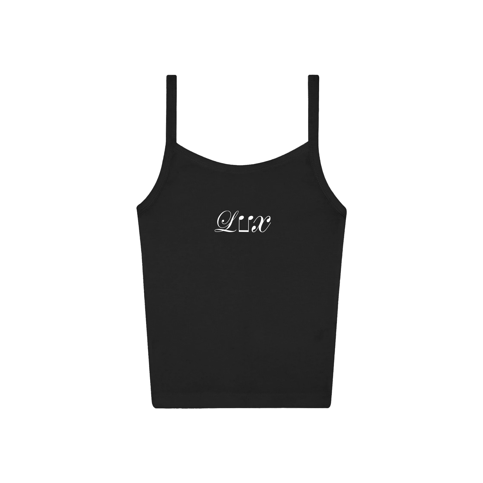 Black tank top with white “LUX” text across the front.