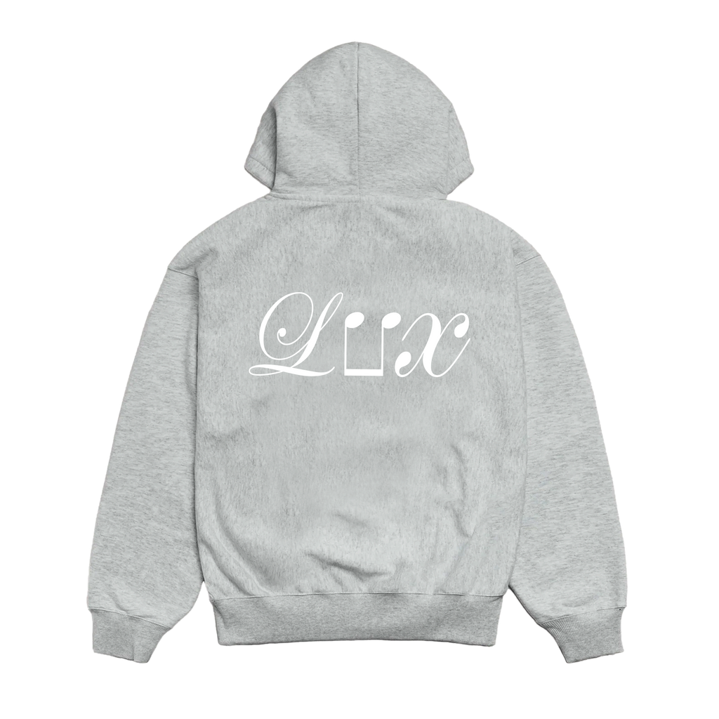 Grey zip-up hoodie with white LUX text across the back.
