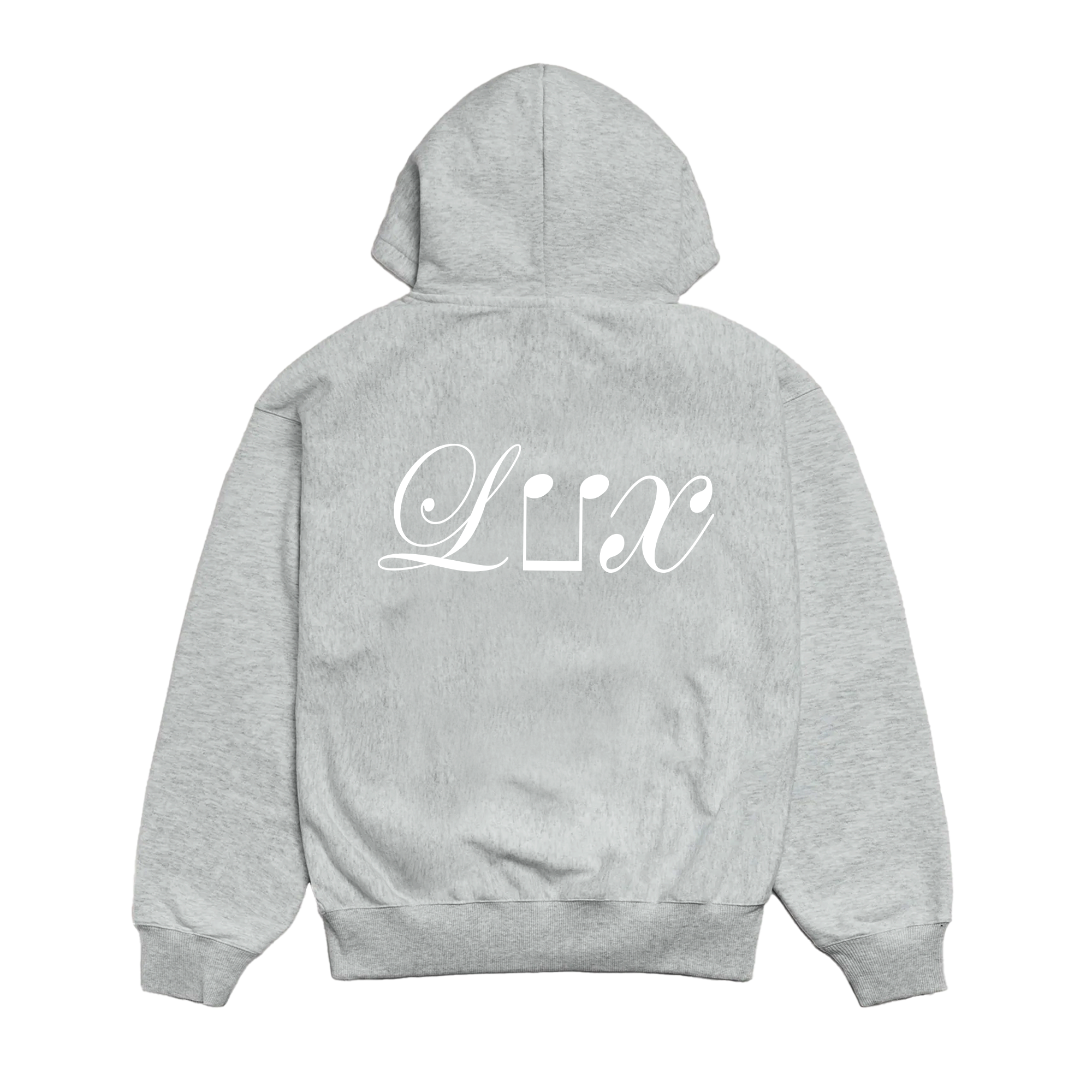 Grey zip-up hoodie with white LUX text across the back.