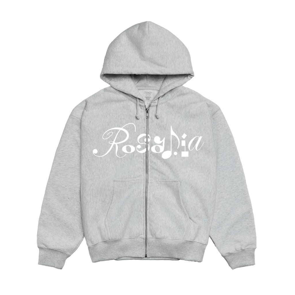 Grey zip-up hoodie with white Rosalía text across the front.