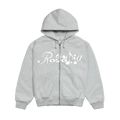 Grey zip-up hoodie with white Rosalía text across the front.