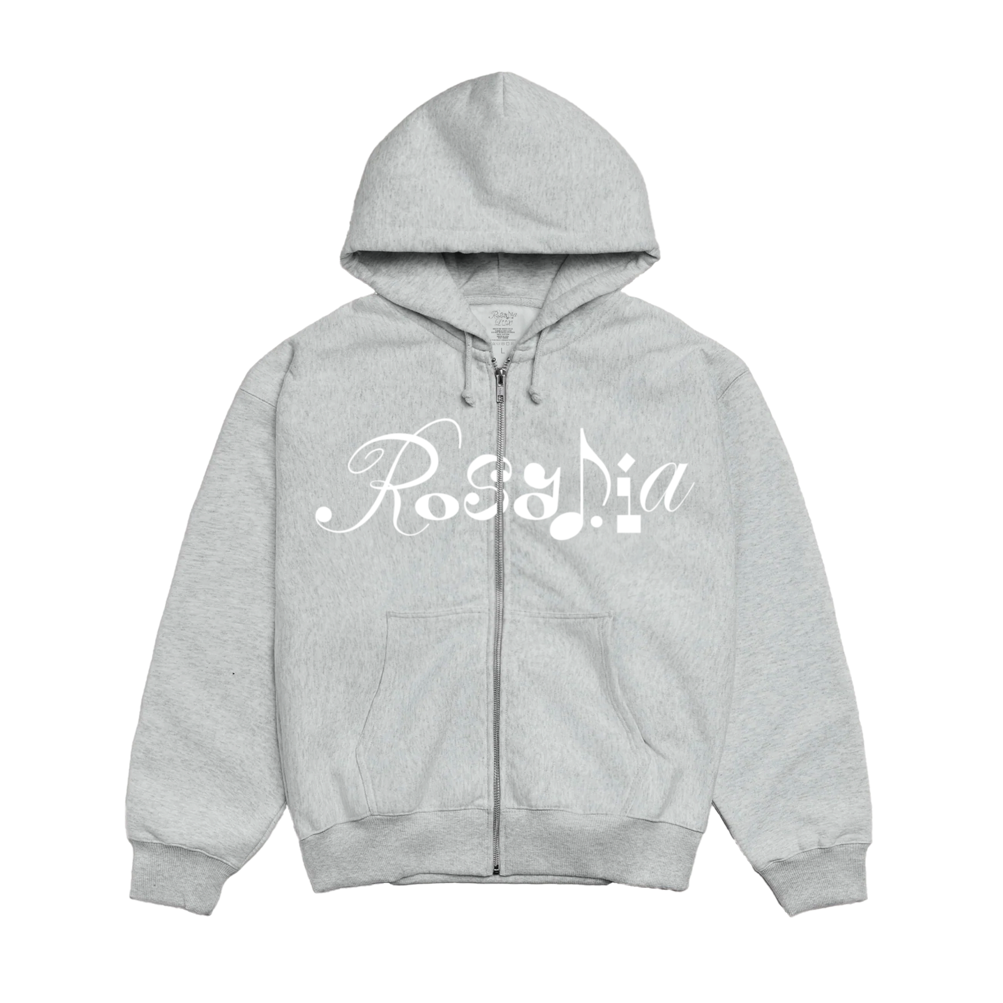 Grey zip-up hoodie with white Rosalía text across the front.