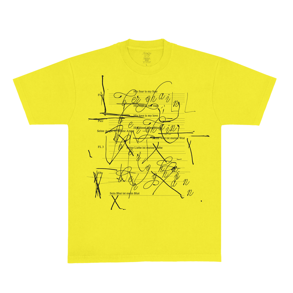 Yellow t-shirt with black graphic notes design