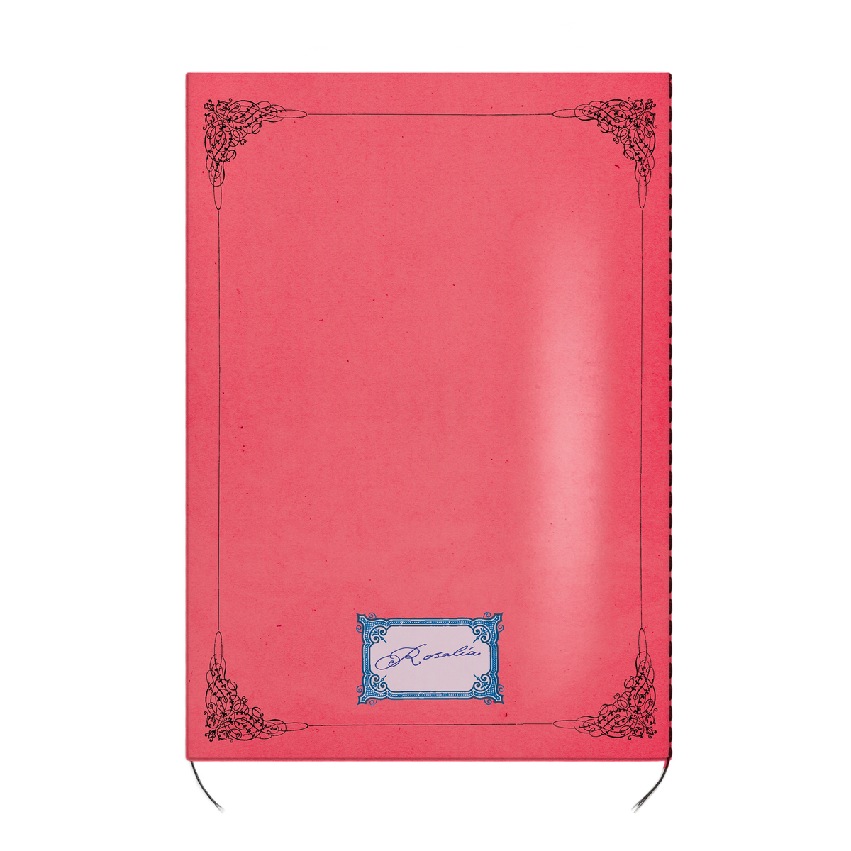 A pink notebook with a decorative black border and a small blue and white label at the bottom center, shown against a plain white background.