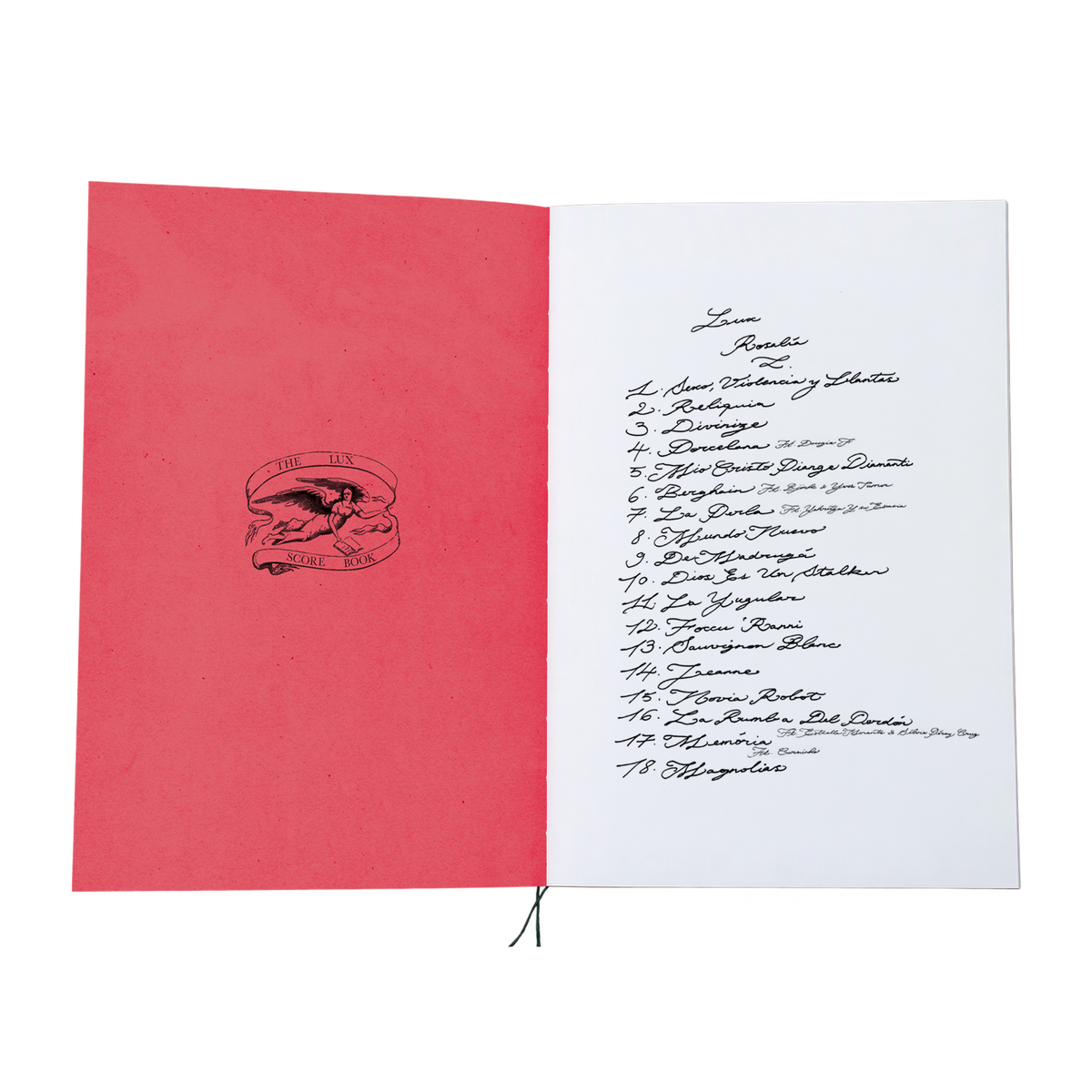 An open vintage program booklet or invitation, showing a coral-pink left page with a black stamp and a white right page filled with black handwritten text, photographed on a clean white background.