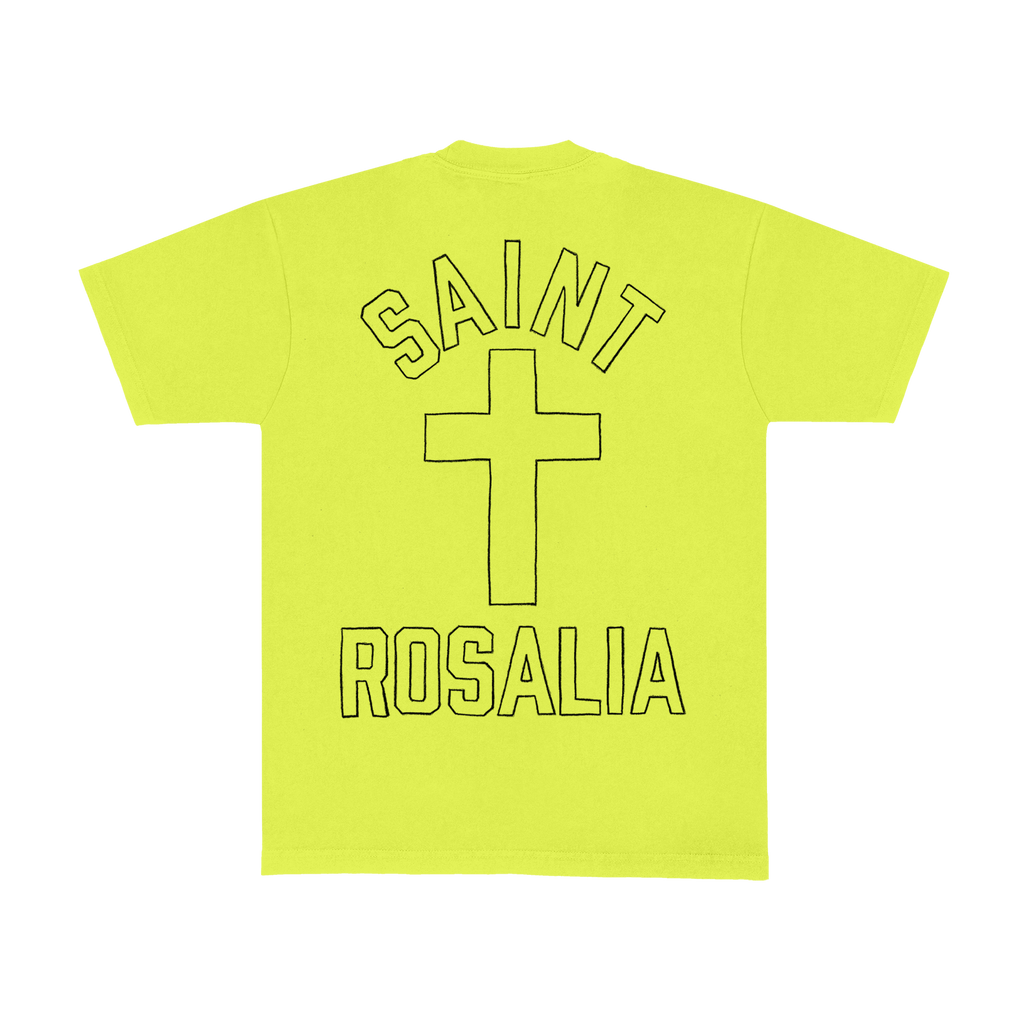 A bright neon yellow-green short-sleeve t-shirt shown flat against a solid white background. The back of the shirt features a large graphic with the words 'SAINT ROSALIA' outlined in black.