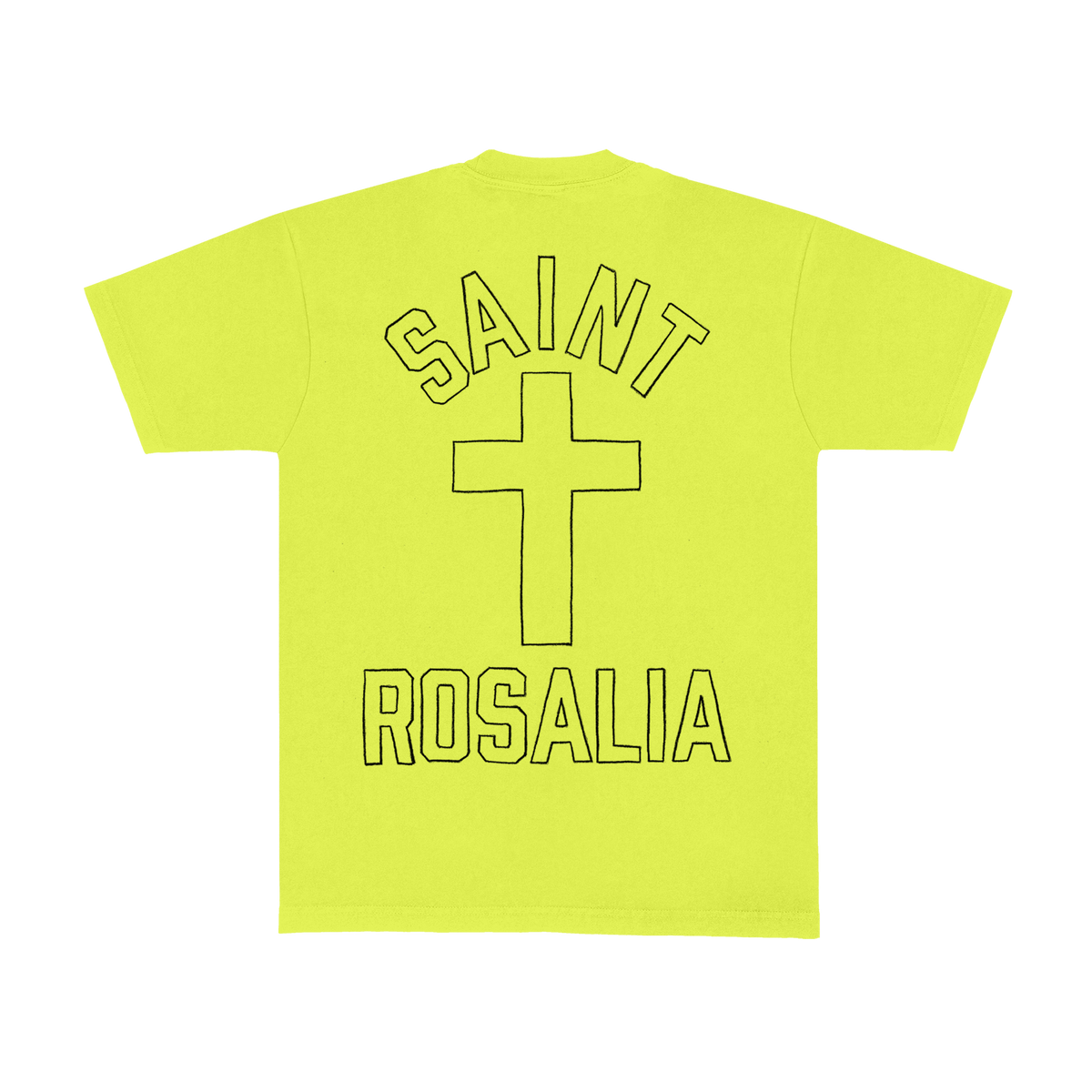 A bright neon yellow-green short-sleeve t-shirt shown flat against a solid white background. The back of the shirt features a large graphic with the words 'SAINT ROSALIA' outlined in black.
