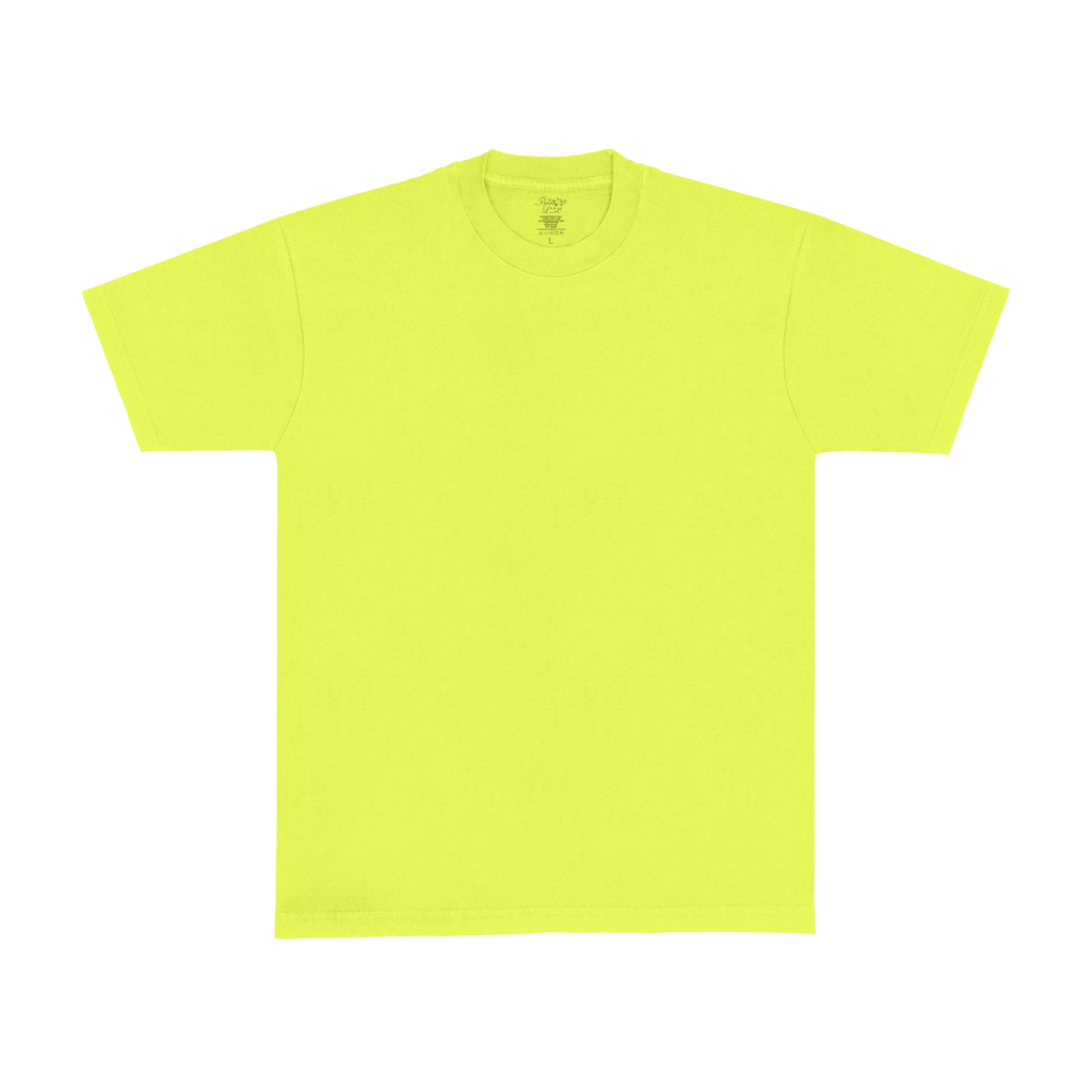 A bright neon yellow-green short-sleeve crewneck t-shirt displayed flat against a solid white background.