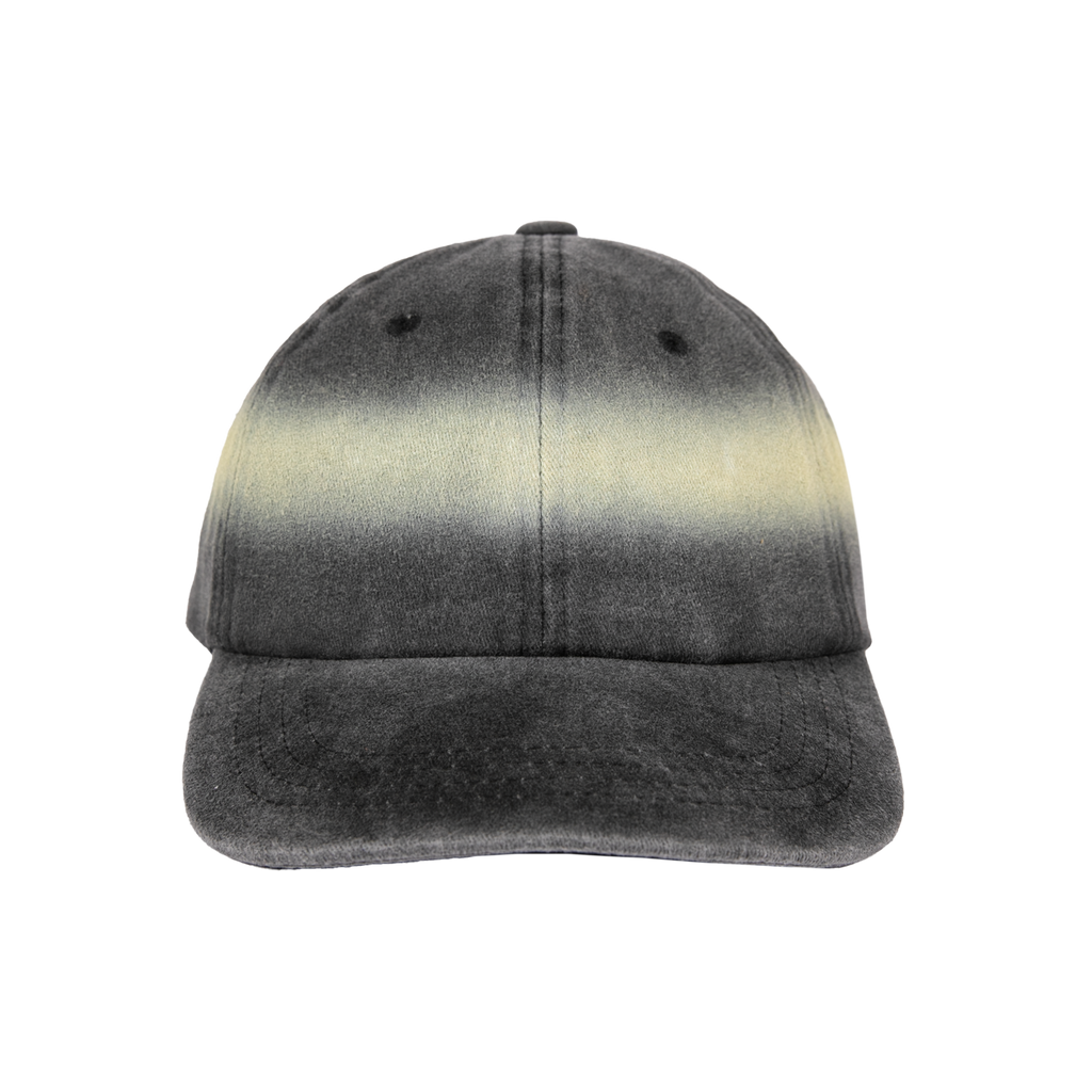 Front view of an ombre gray (halo) and black cap on a white background