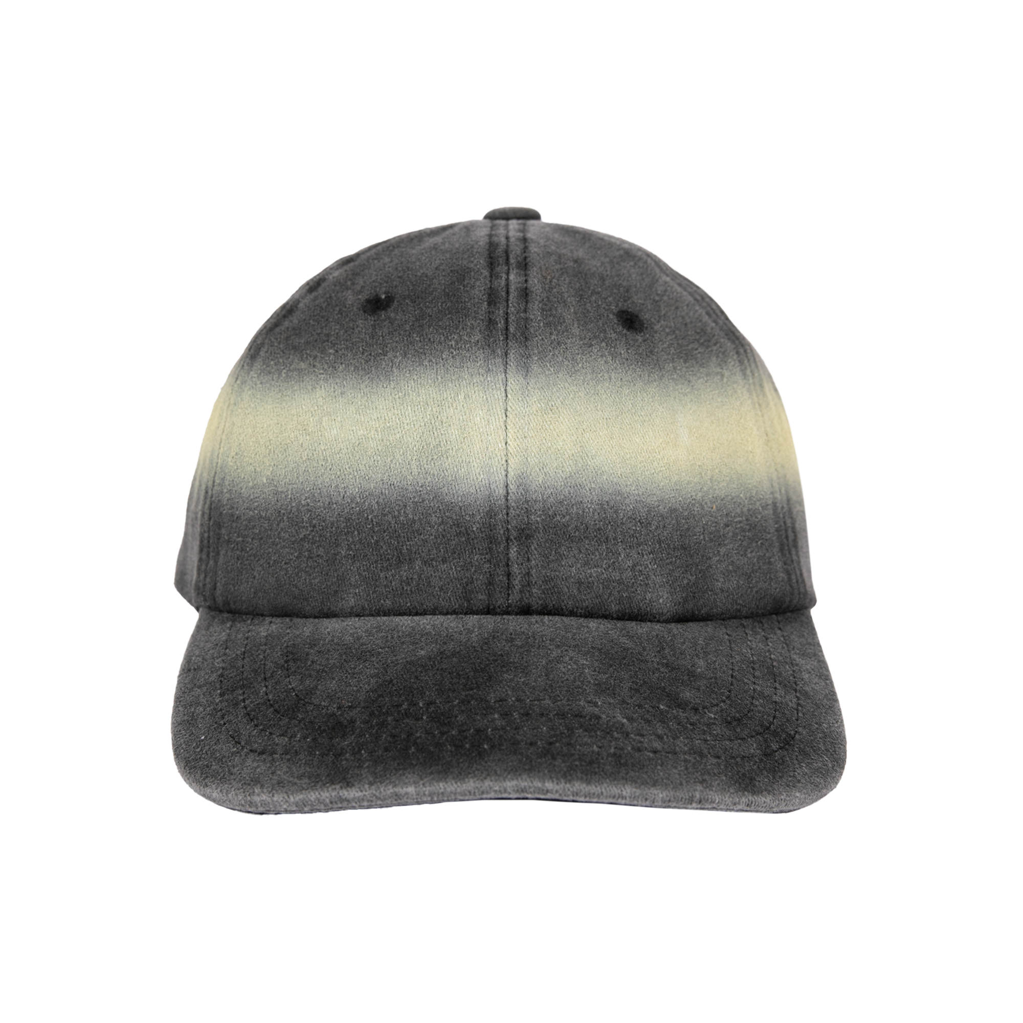 Front view of an ombre gray (halo) and black cap on a white background