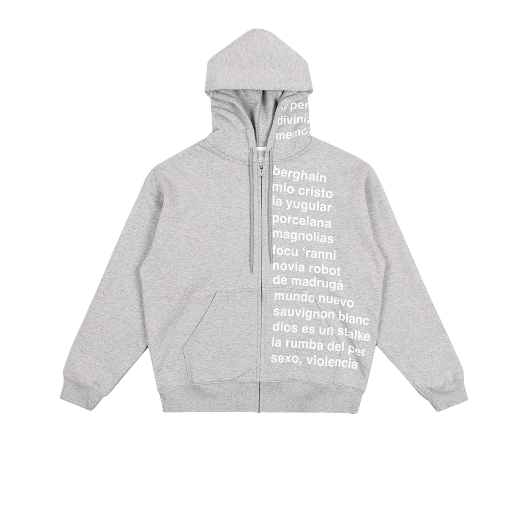 Front view of a grey zip-up hoodie with a visible front zipper, showing white “Lux” tracklist-style text printed along the left side of the front panel and continuing onto the left side of the hood.
