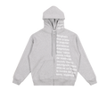 Front view of a grey zip-up hoodie with a visible front zipper, showing white “Lux” tracklist-style text printed along the left side of the front panel and continuing onto the left side of the hood.