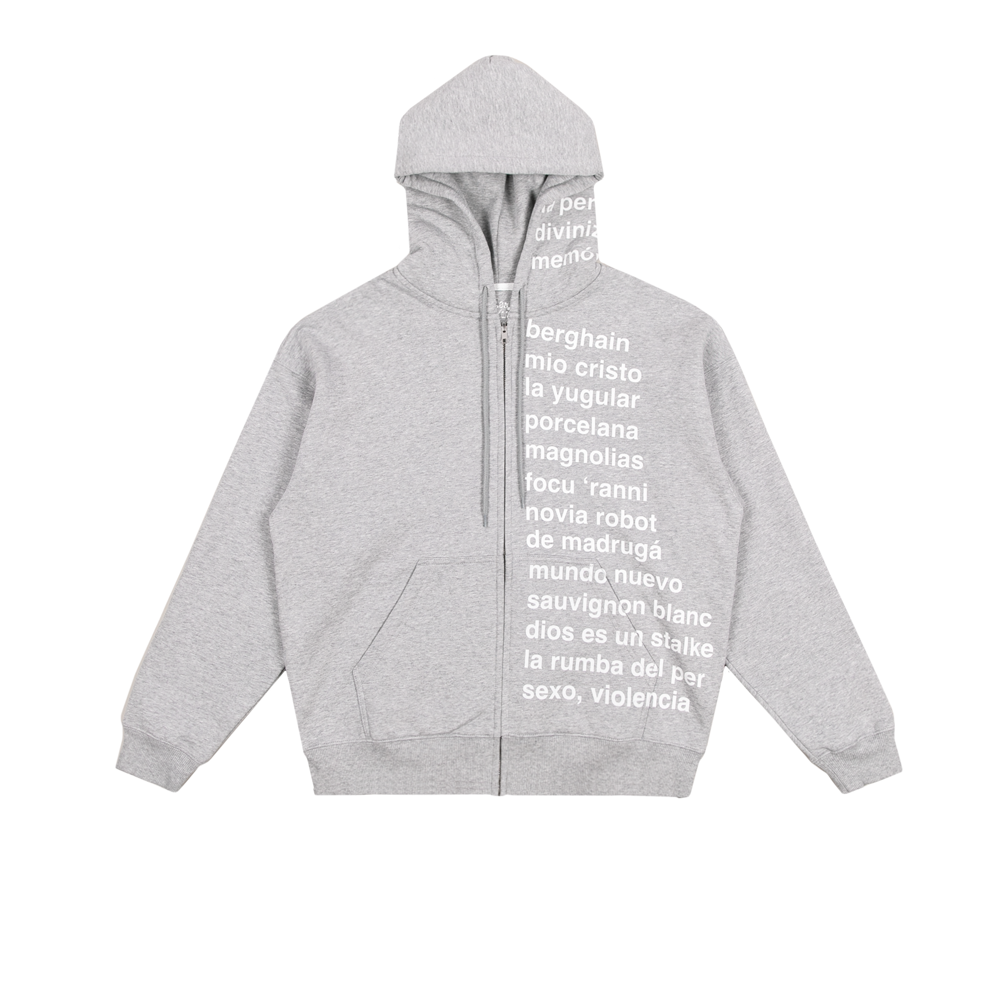 Front view of a grey zip-up hoodie with a visible front zipper, showing white “Lux” tracklist-style text printed along the left side of the front panel and continuing onto the left side of the hood.