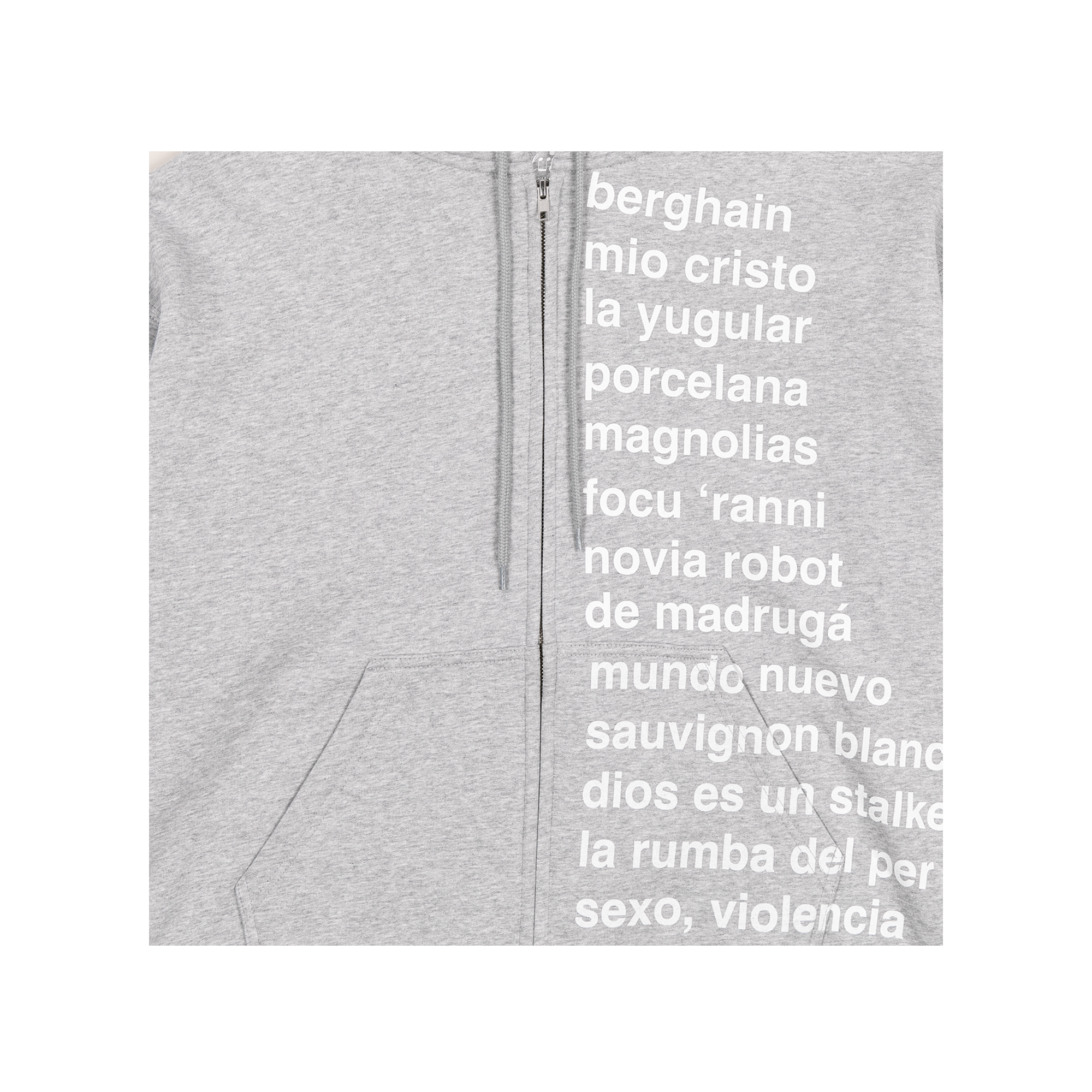 Close-up view of a grey zip-up hoodie, showing a white “LUX” tracklist-style text design printed on the front, with the zipper visible at the center.