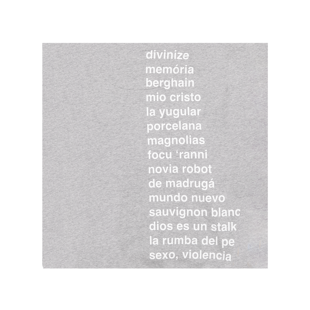 close up of a grey hoodie with white LUX tracklist text print