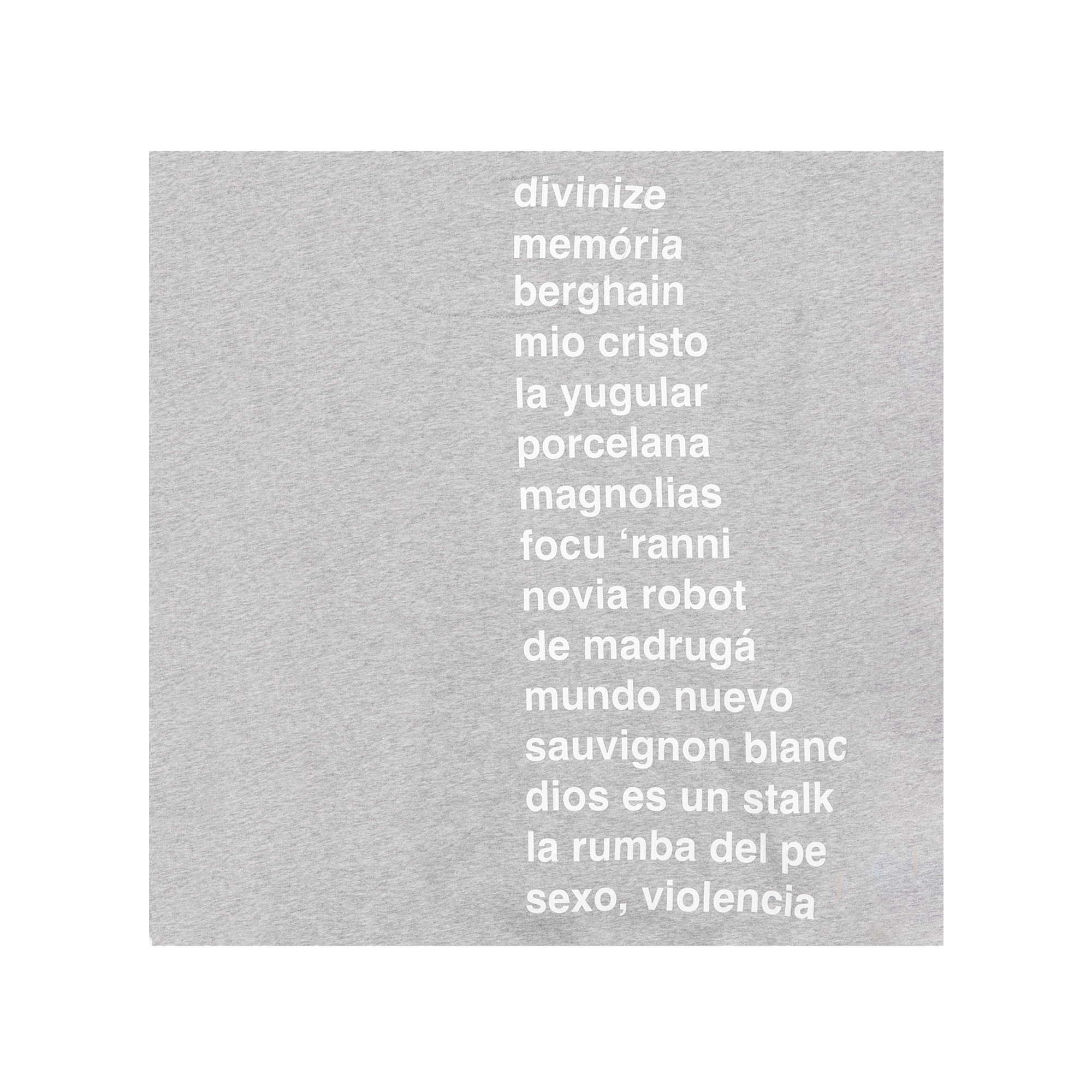 close up of a grey hoodie with white LUX tracklist text print