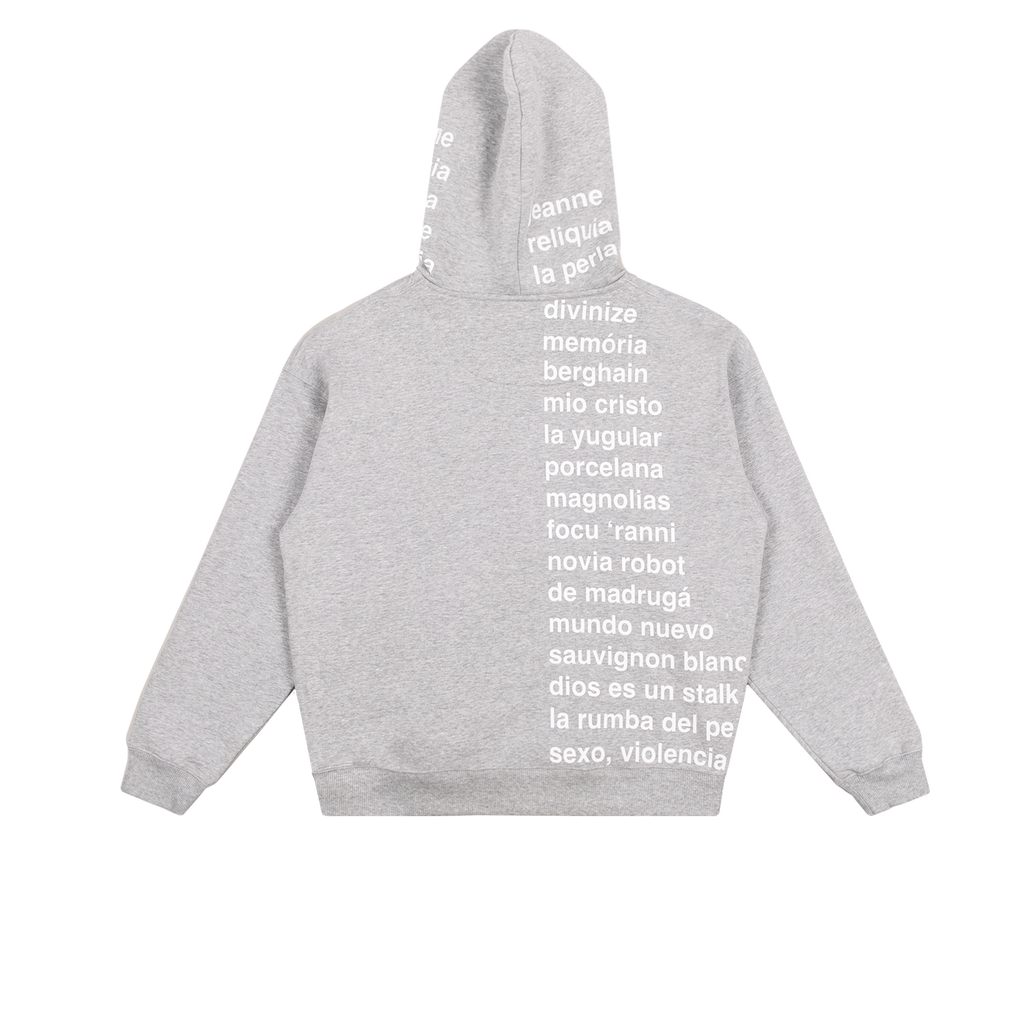 Gray hoodie with LUX tracklist print across the back and back hood.
