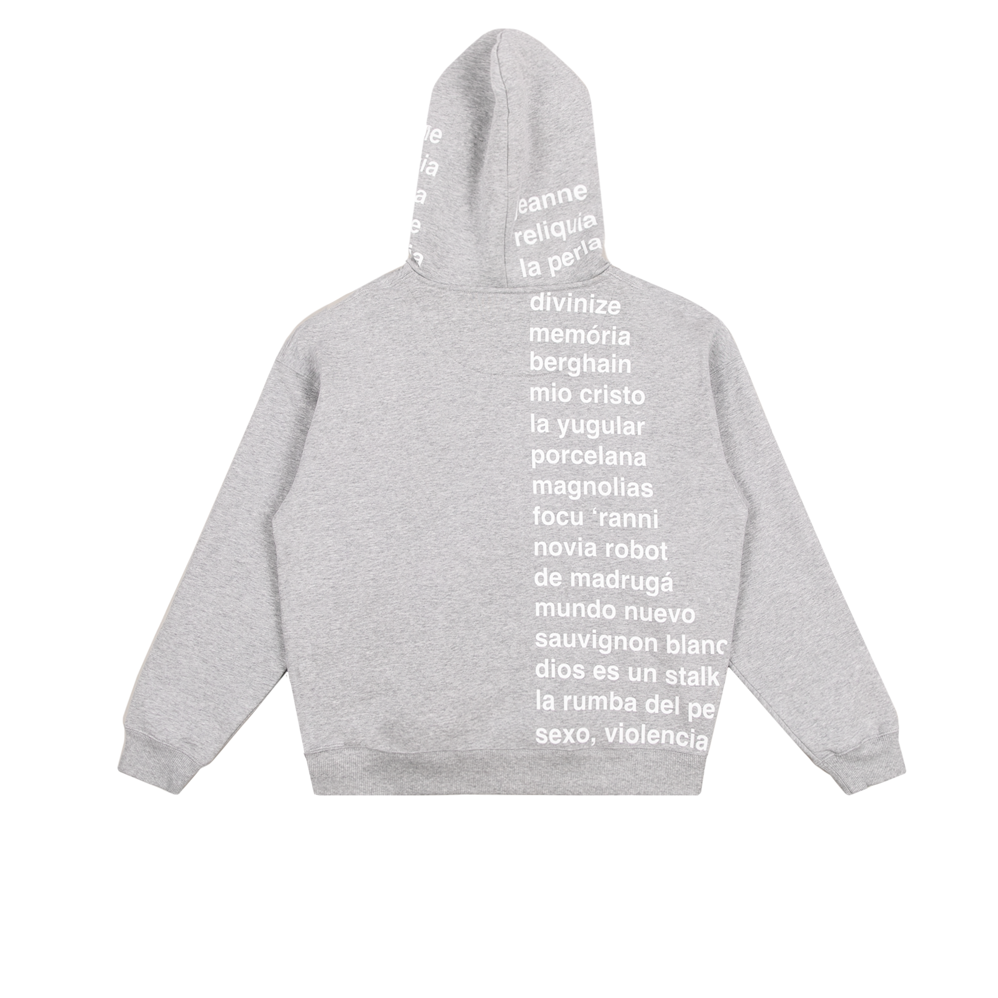 Gray hoodie with LUX tracklist print across the back and back hood.