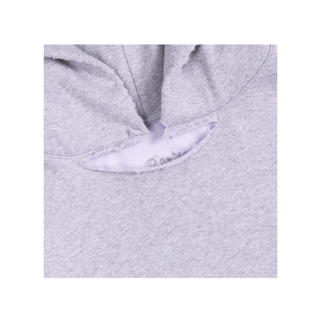 Close-up of a gray hoodie with a cut neck design