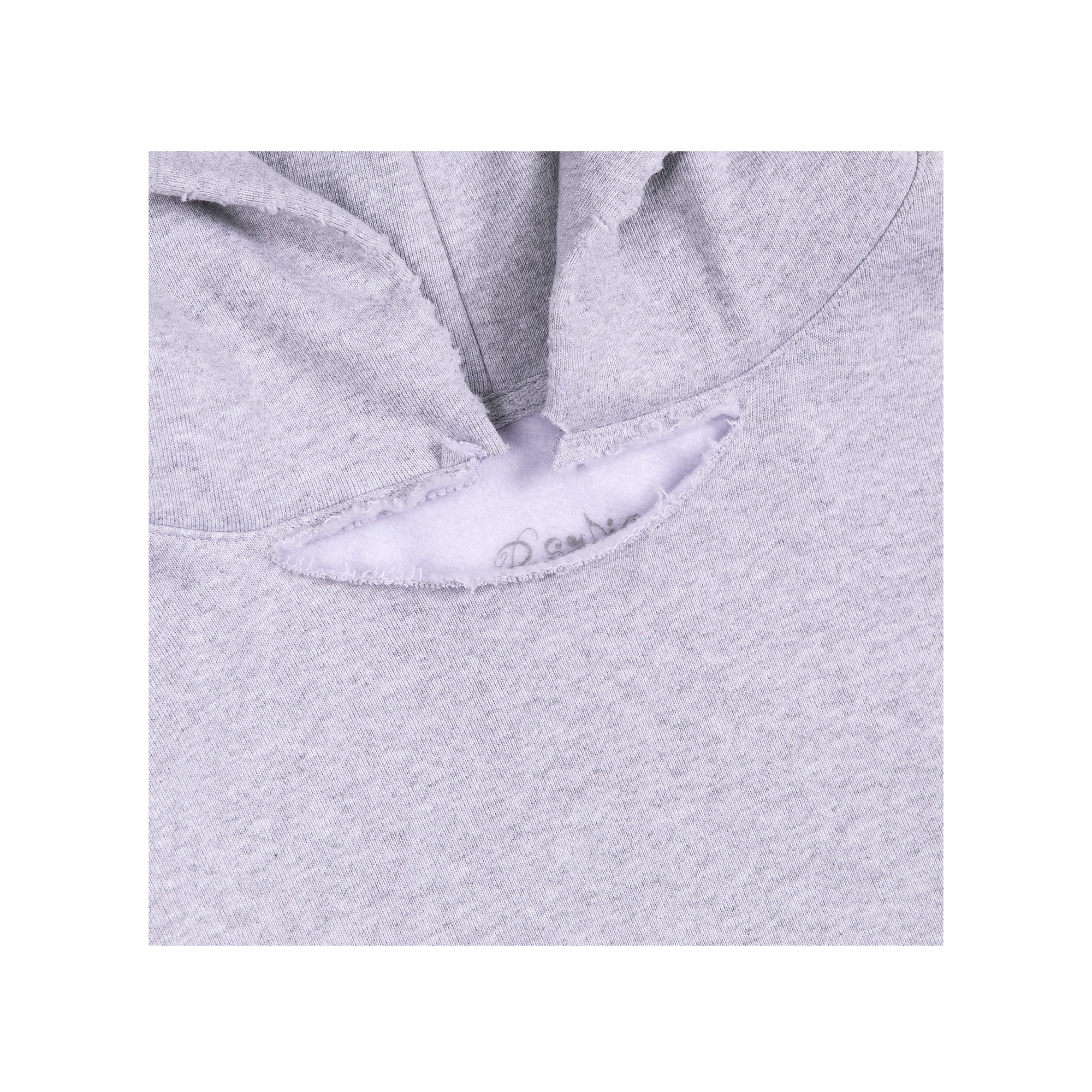Close-up of a gray hoodie with a cut neck design