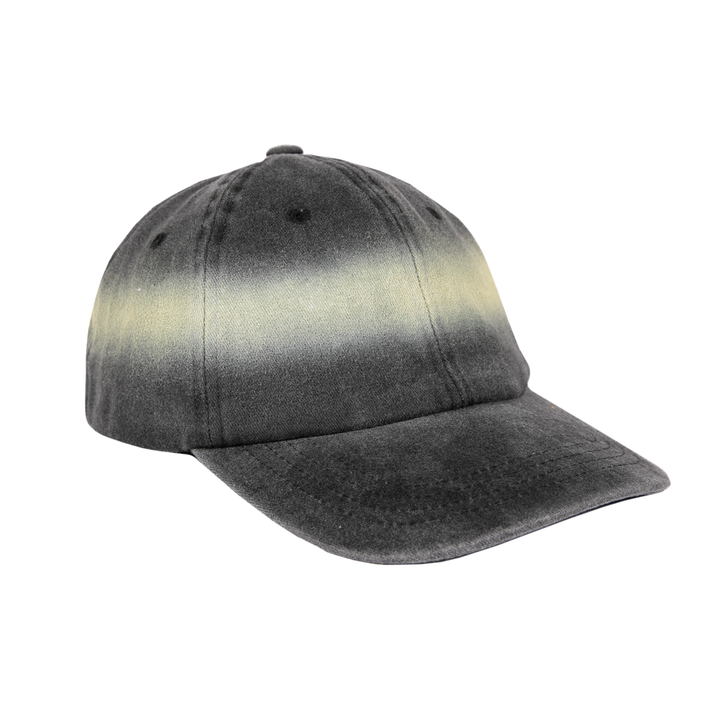 Side view of an ombre gray (halo) and black cap on a white background