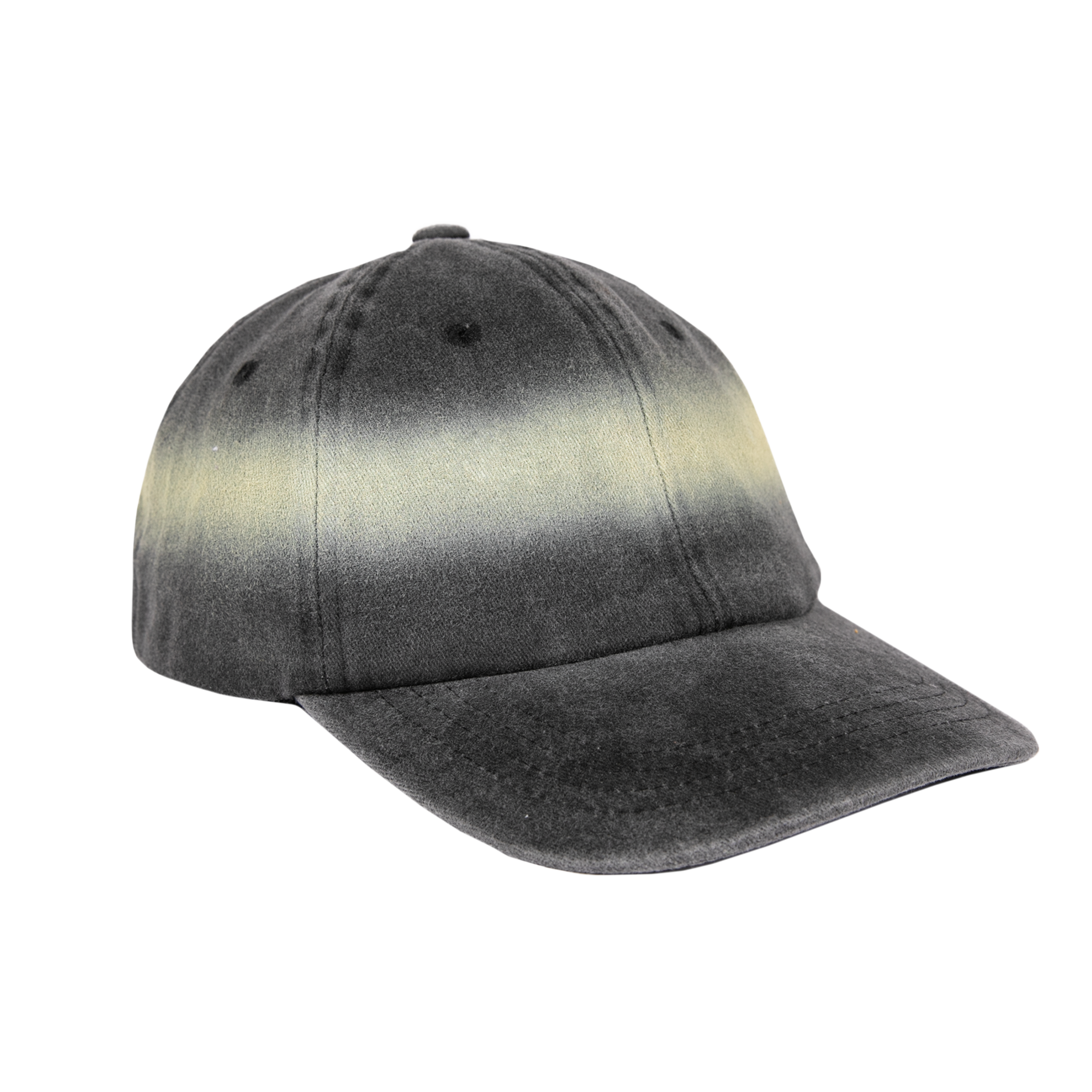 Side view of an ombre gray (halo) and black cap on a white background