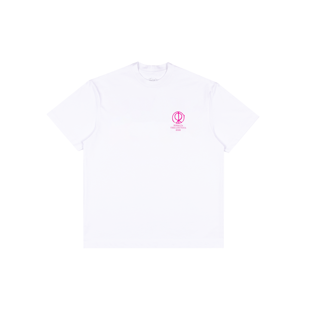 Close-up view of the back of a white short-sleeve T-shirt featuring bright pink uppercase text reading “ES UNA PERLA” printed across the back.