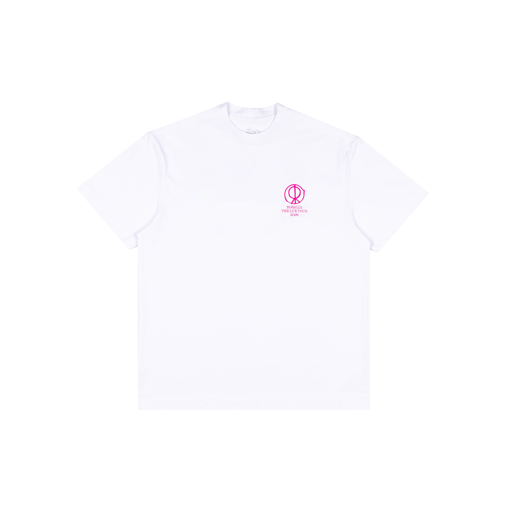 Close-up view of the back of a white short-sleeve T-shirt featuring bright pink uppercase text reading “ES UNA PERLA” printed across the back.