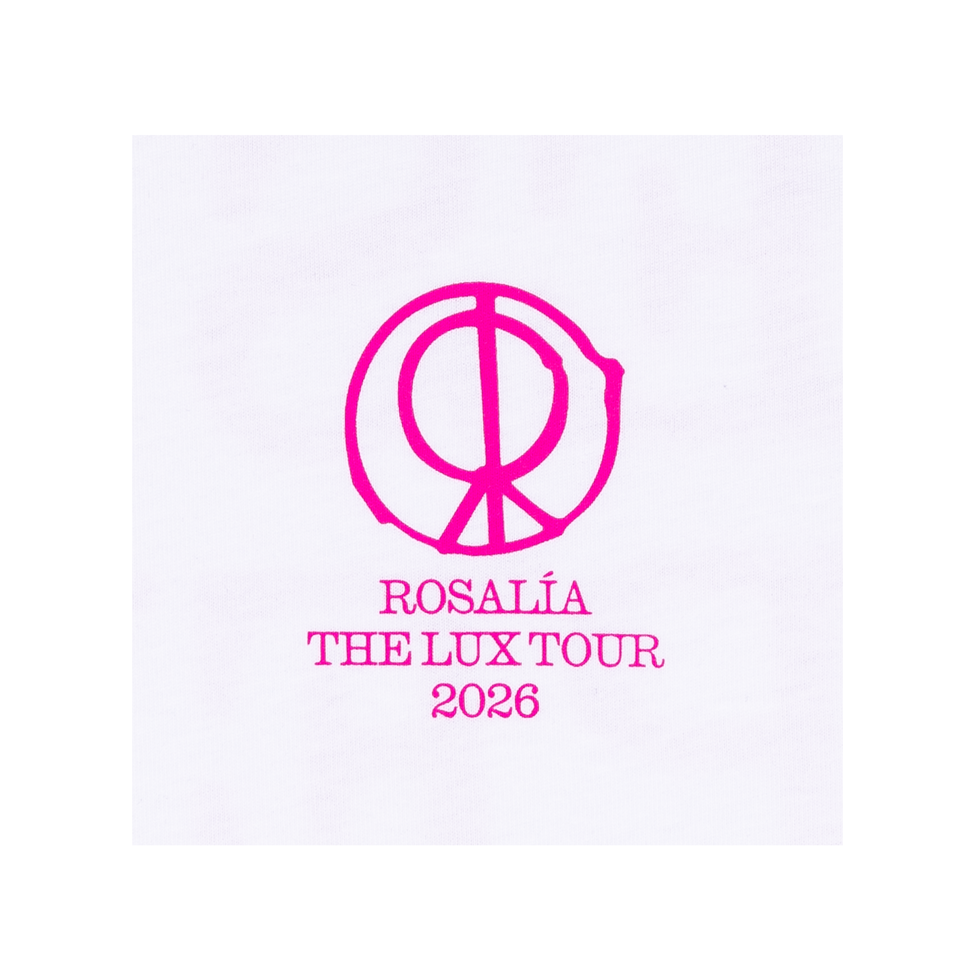 Close-up view of a white T-shirt featuring a bright pink “LUX” logo printed on the front, with text underneath reading “Rosalia The Lux Tour 2026.”