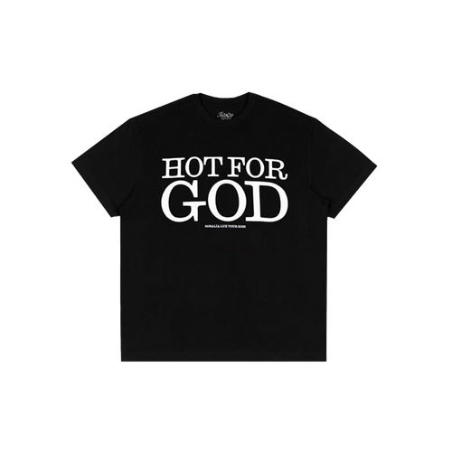 Front view of a black short-sleeve t-shirt with white text reading 'Hot for God in bold across the chest, and a smaller text underneath reading 'Rosalia Lux 2026 Tour'