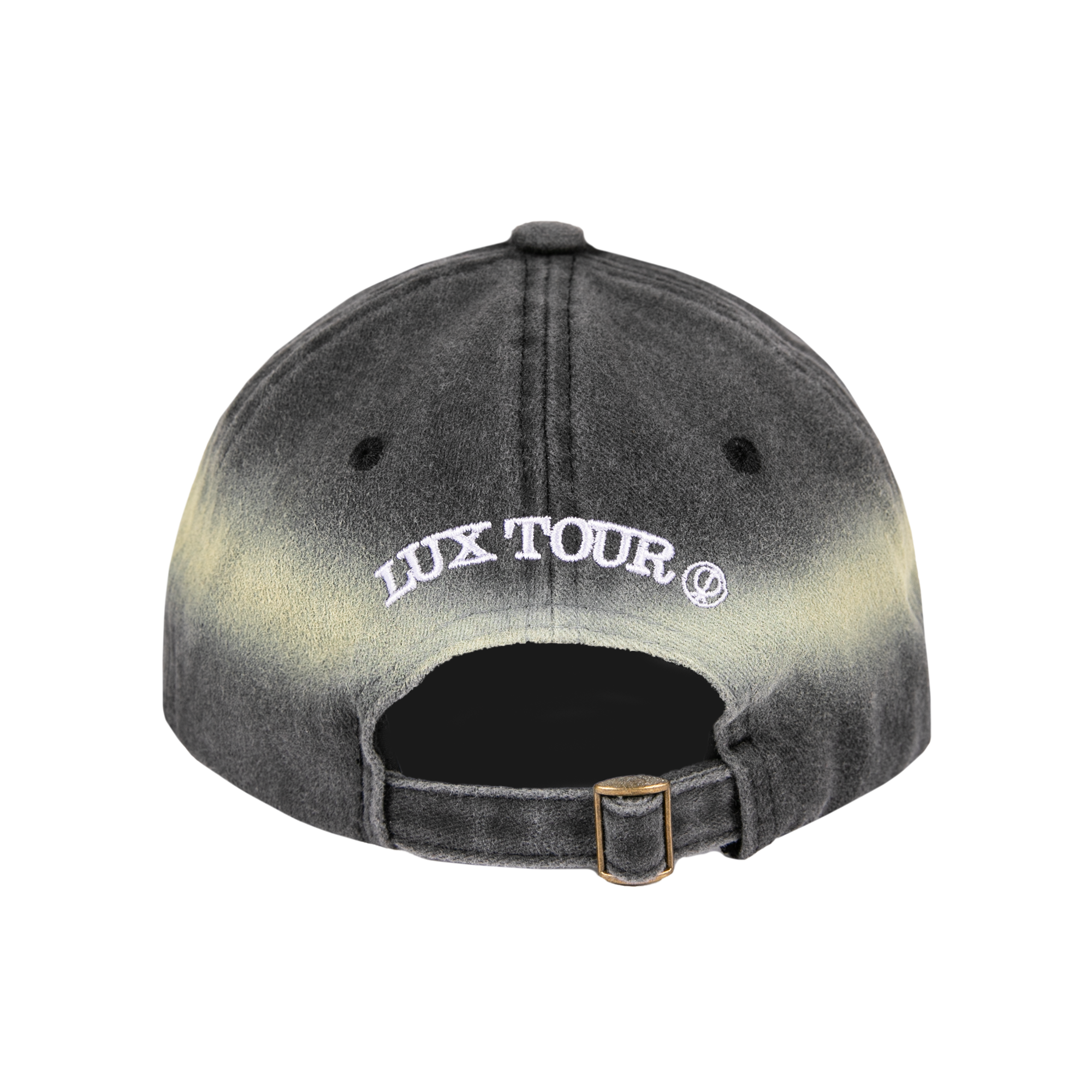 Back view of an ombre gray (halo) and black cap with white LUX TOUR text across the back