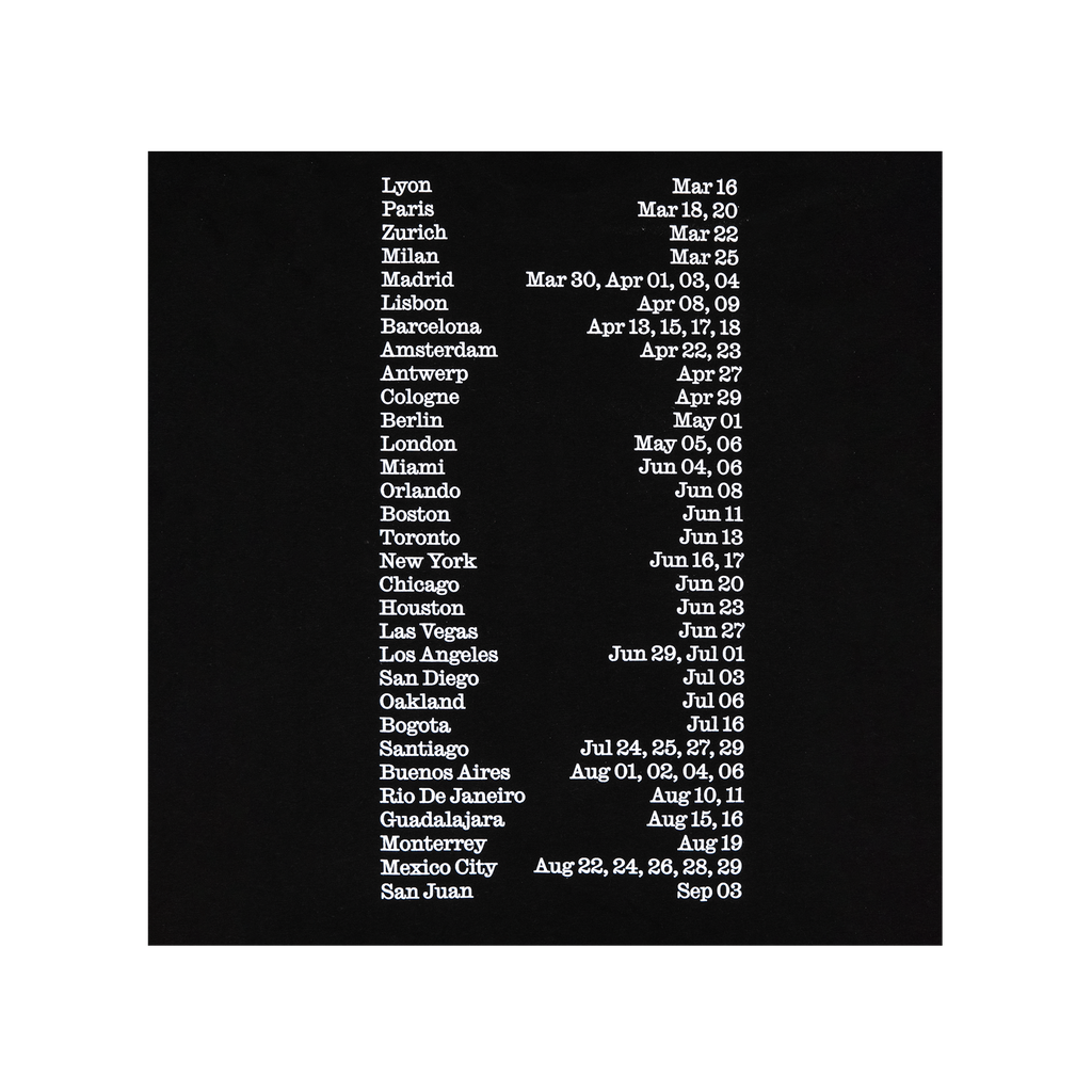 Close-up view of the back of a black T-shirt showing printed text with Rosalia Lux 2026 tour dates.
