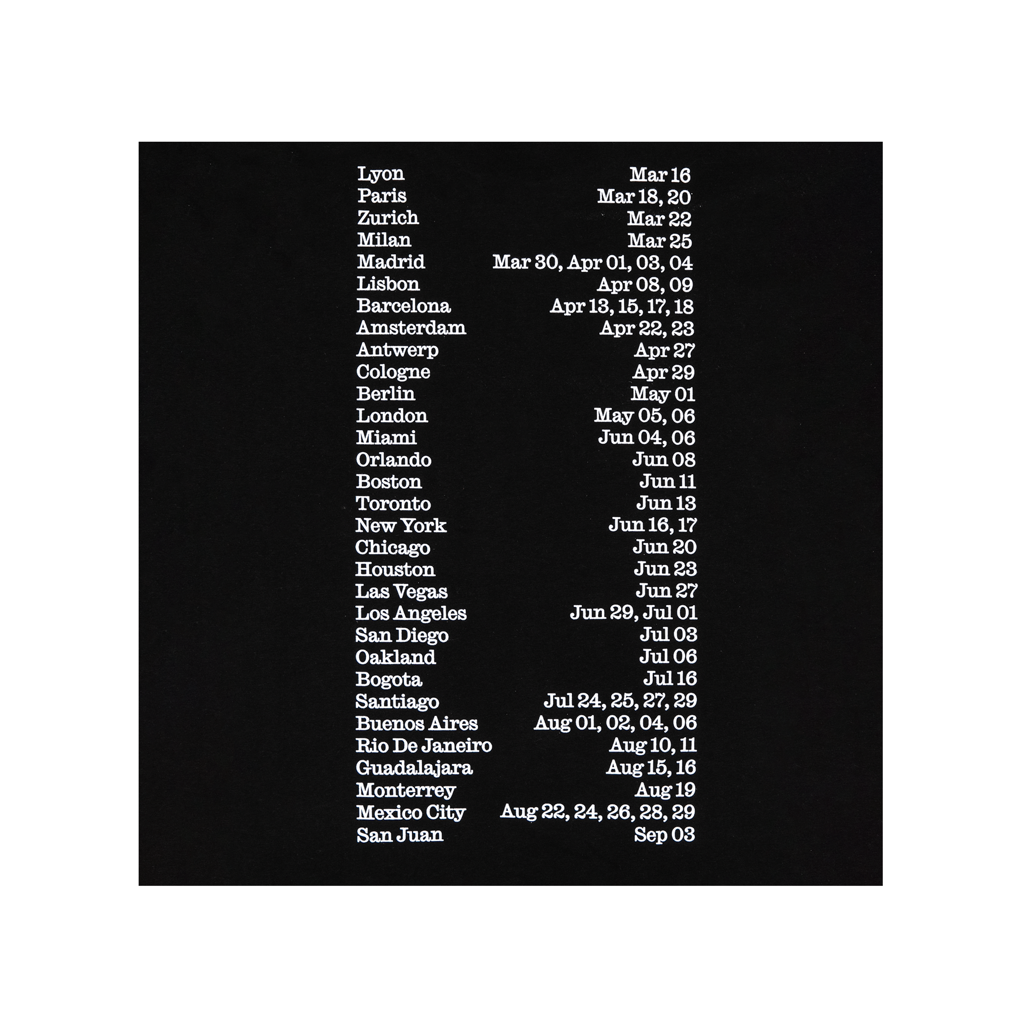 Close-up view of the back of a black T-shirt showing printed text with Rosalia Lux 2026 tour dates.