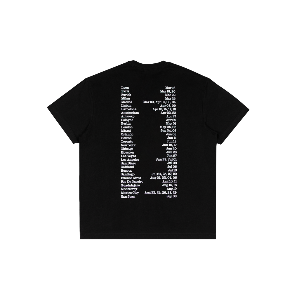 Back of a black short-sleeve T-shirt featuring white Lux 2026 Tour date text printed across the upper and central back.