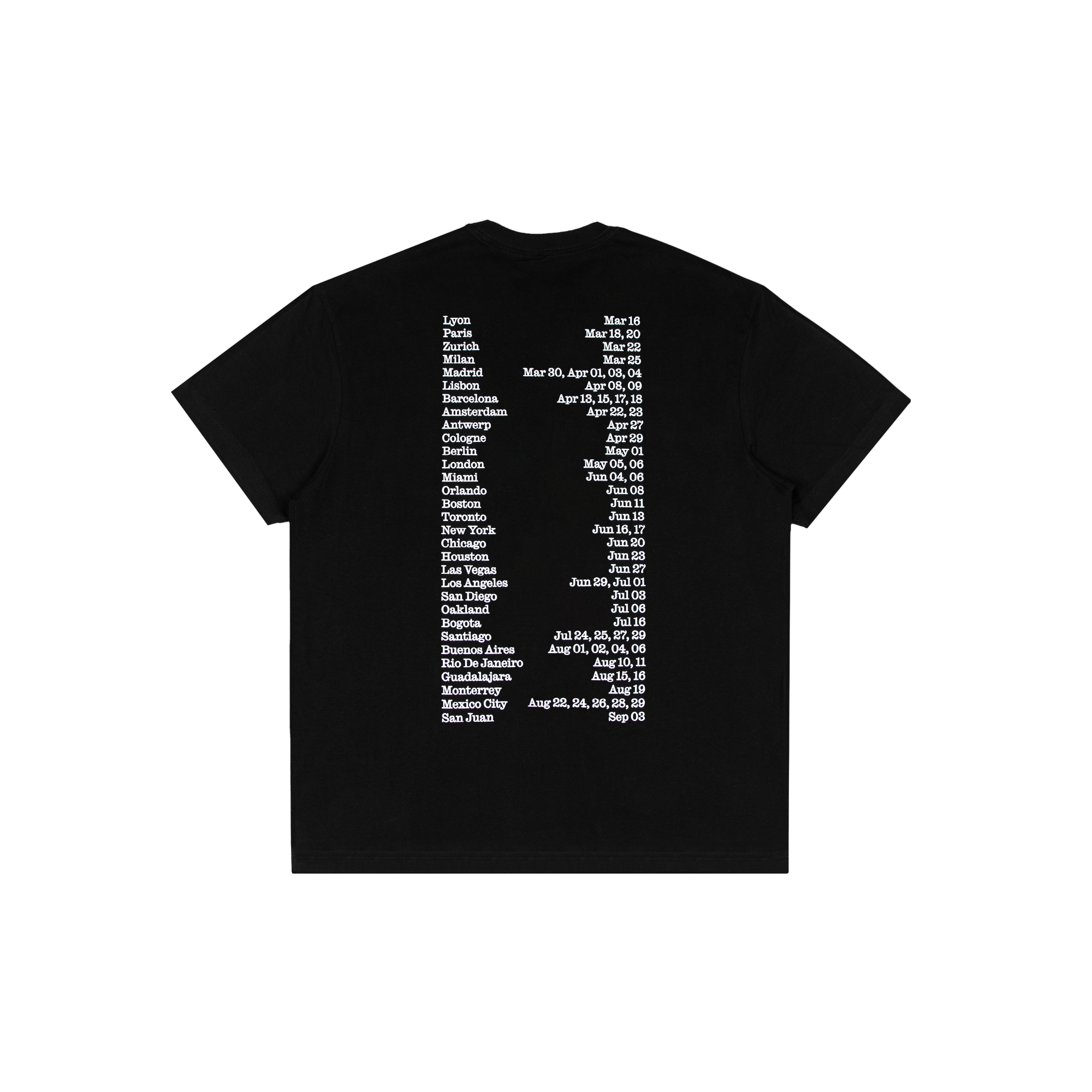 Back of a black short-sleeve T-shirt featuring white Lux 2026 Tour date text printed across the upper and central back.