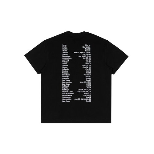 Back of a black short-sleeve T-shirt featuring white Lux 2026 Tour date text printed across the upper and central back.
