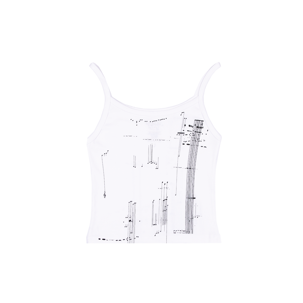 White tank top print with abstract black and white musical notes pattern