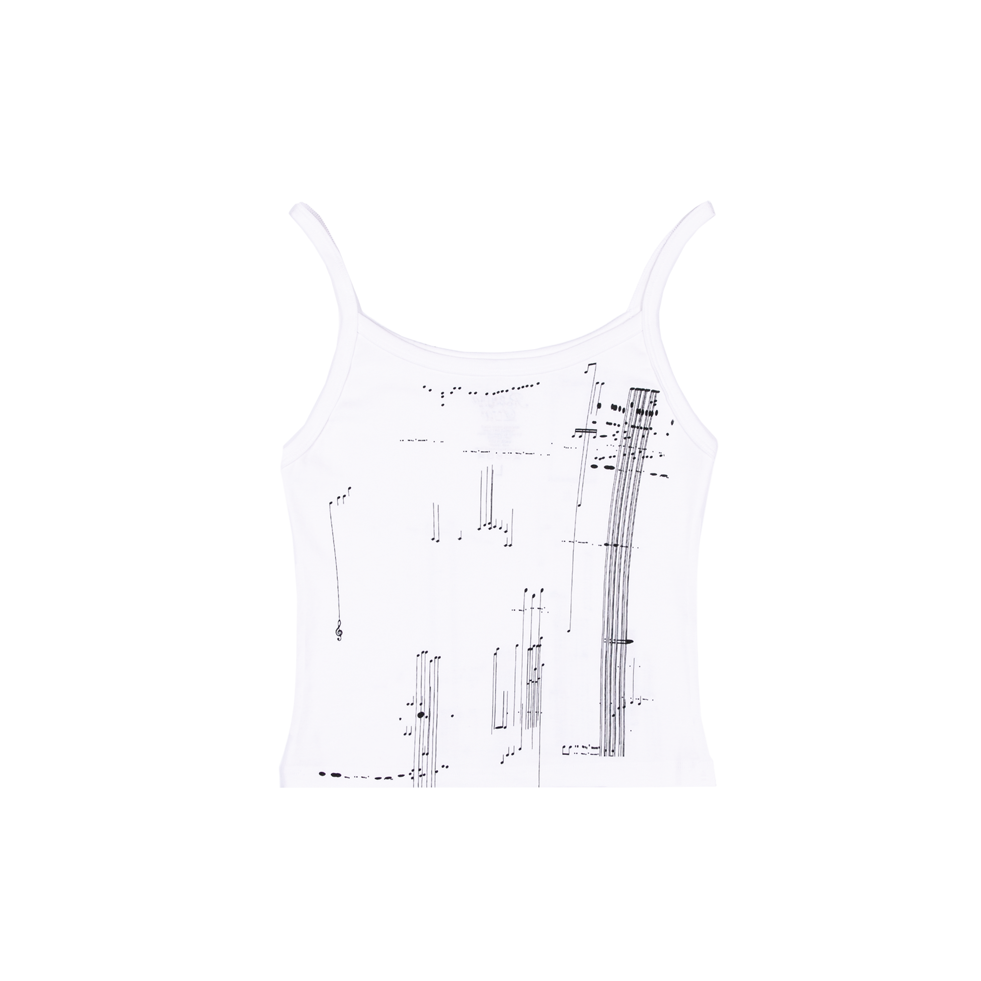 White tank top print with abstract black and white musical notes pattern