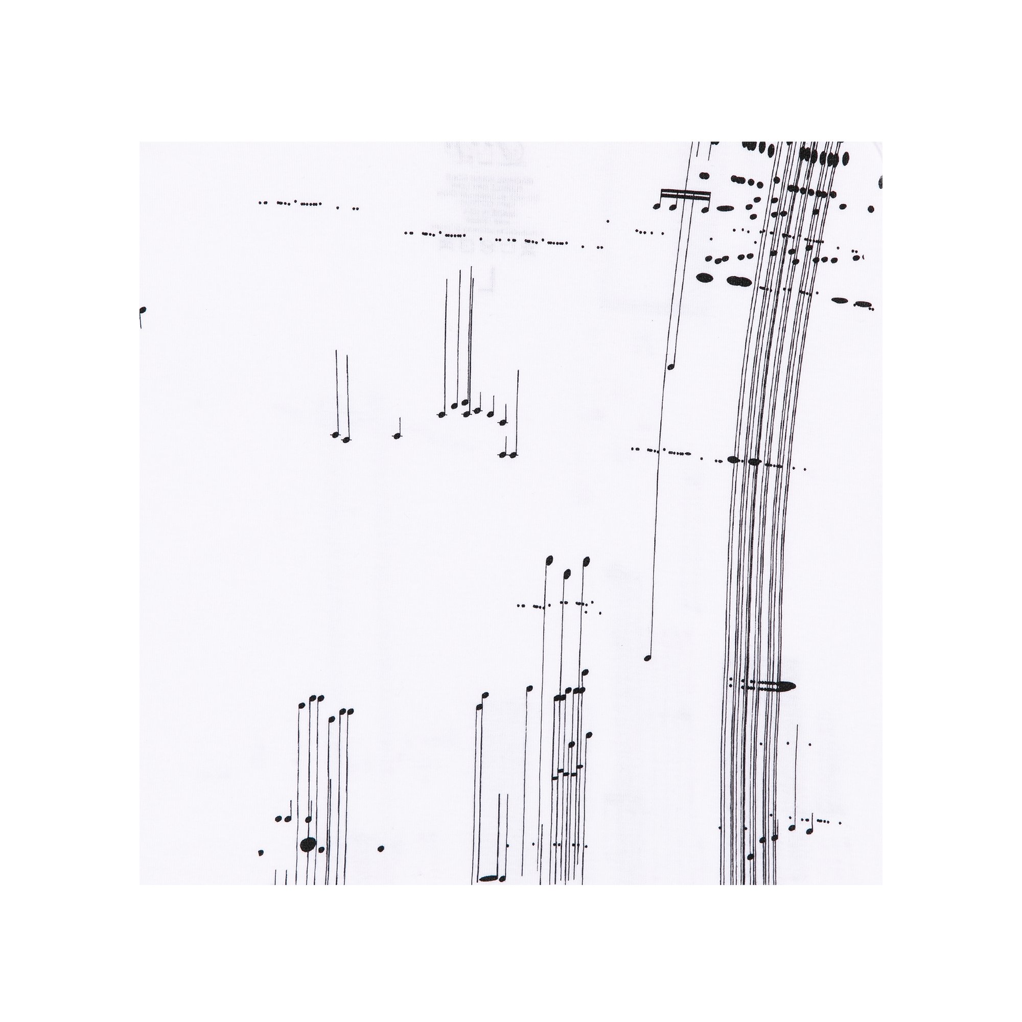 Close-up of a tank top print showing abstract black and white musical notes pattern