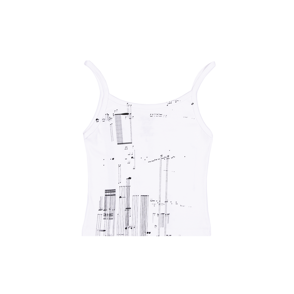 White tank top print with abstract black and white musical notes pattern