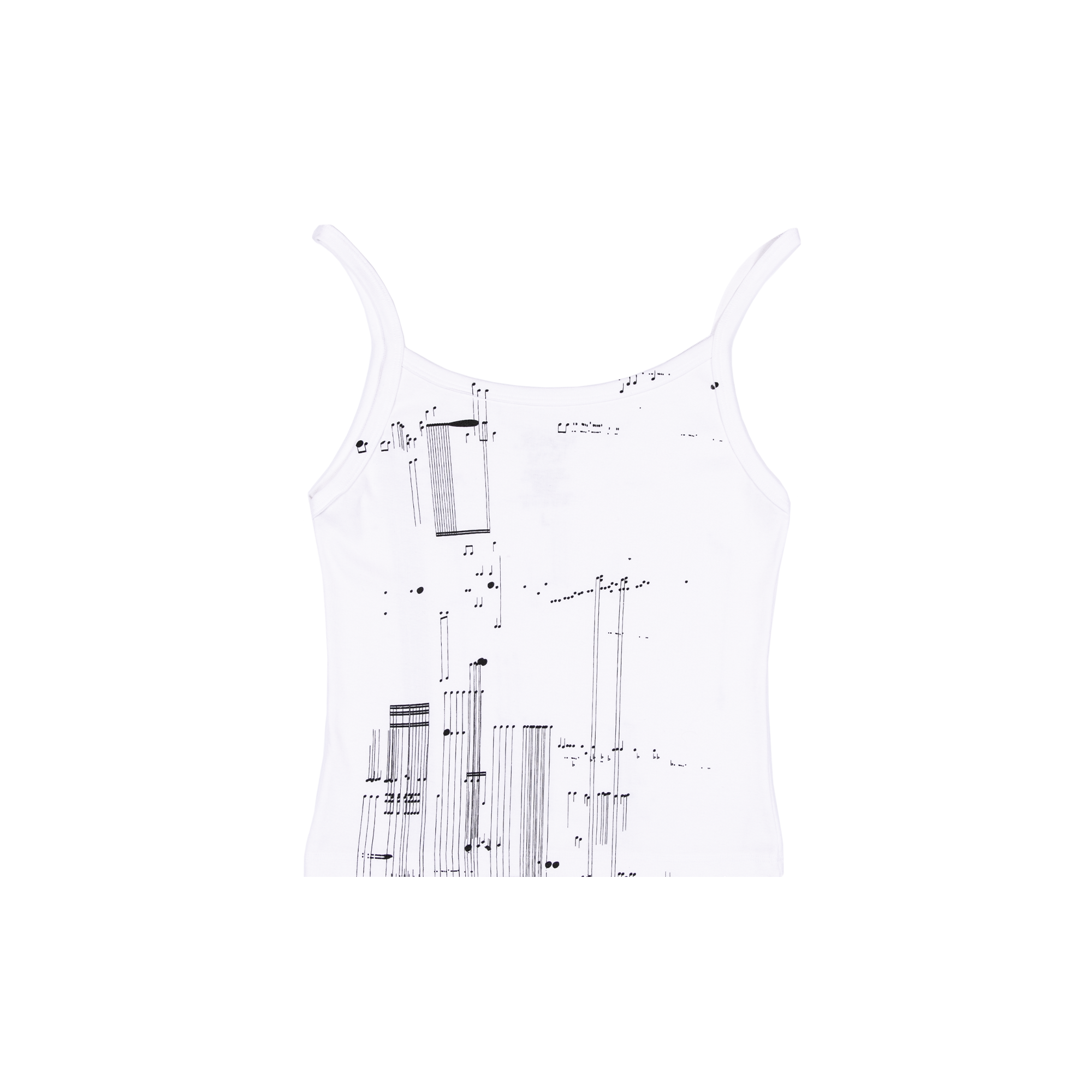 White tank top print with abstract black and white musical notes pattern