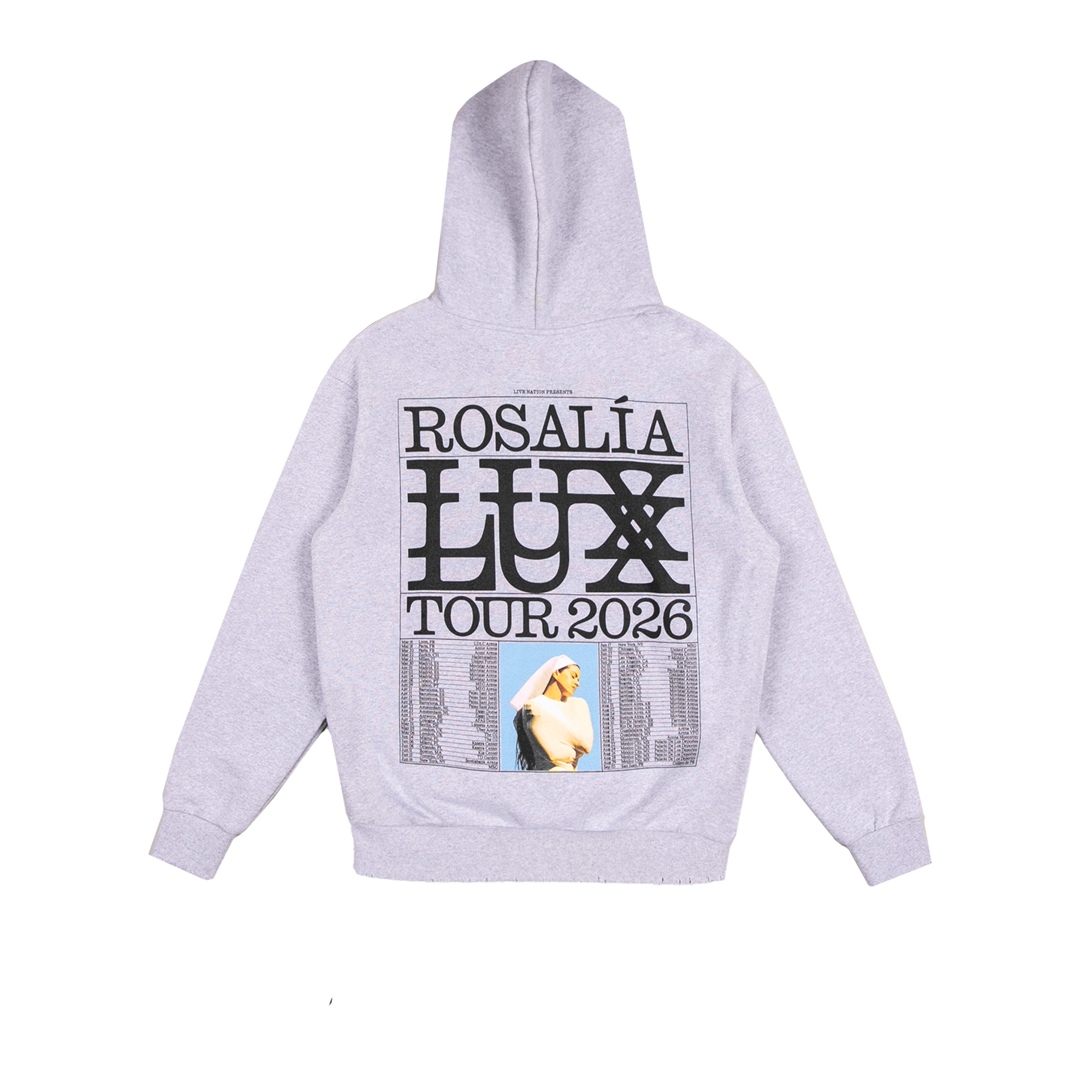Back of a gray hoodie with Rosalía LUX Tour 2026 design