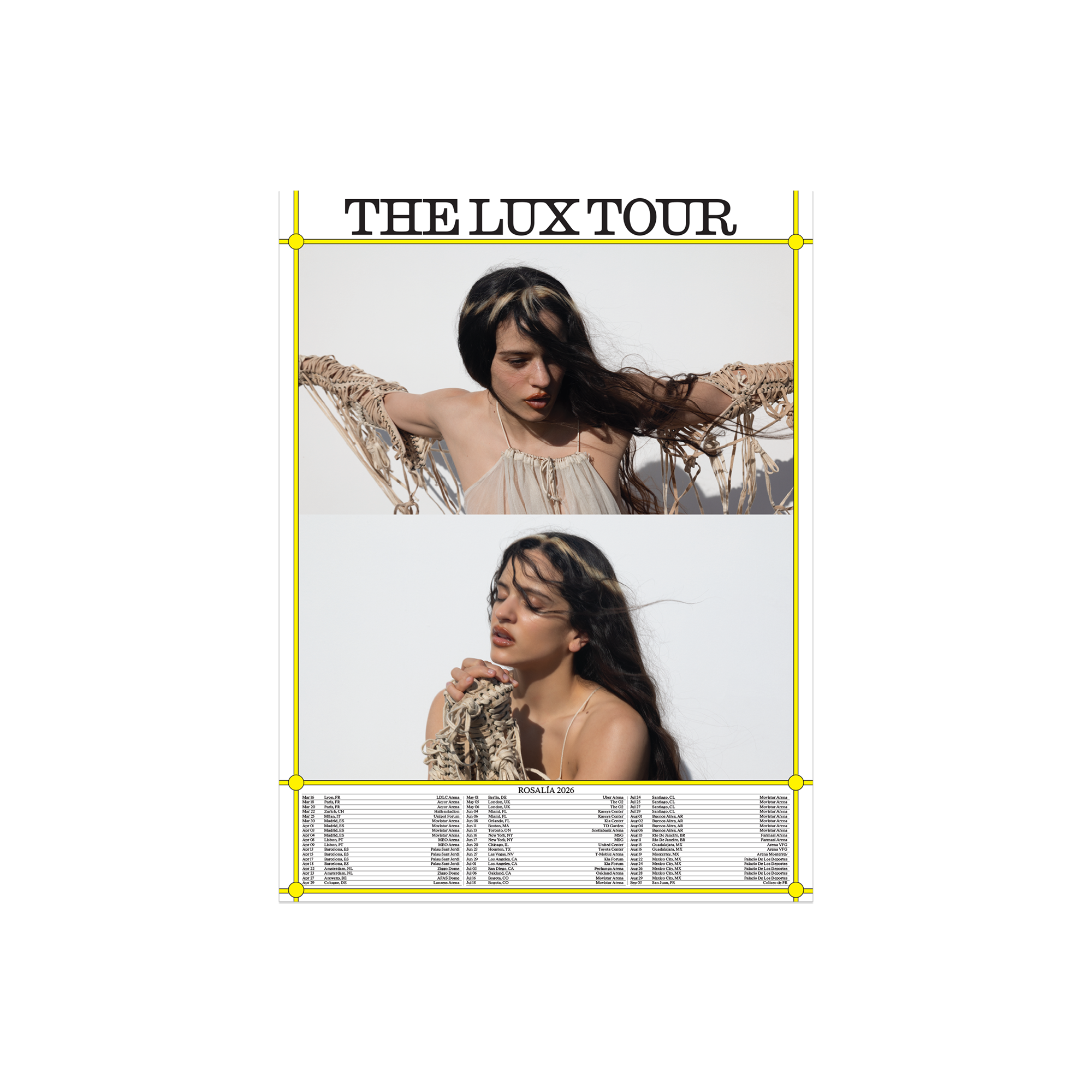 Promotional poster for 'The Lux Tour' featuring a photo of Rosalia with text and event details below.